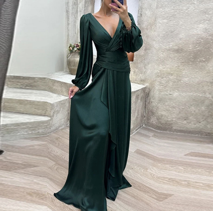  A Linie Langarm Satin Kleid Elegant mit V Ausschnitt in Dunkelgrün