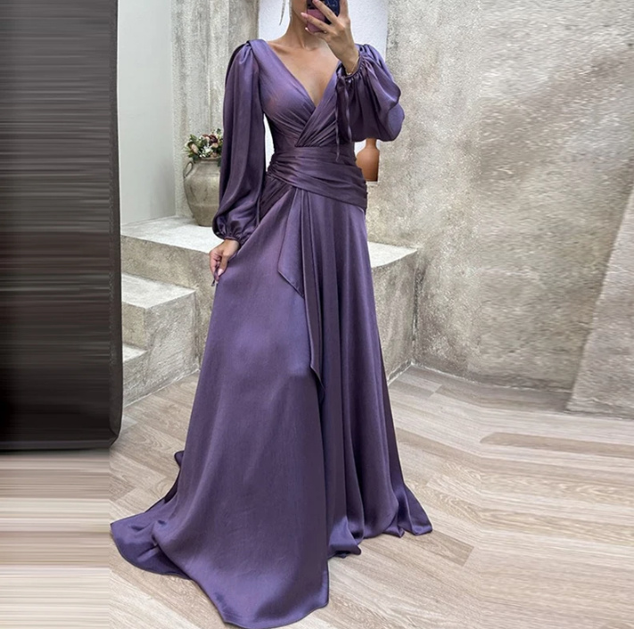  A Linie Langarm Satin Kleid Elegant mit V Ausschnitt in Lila