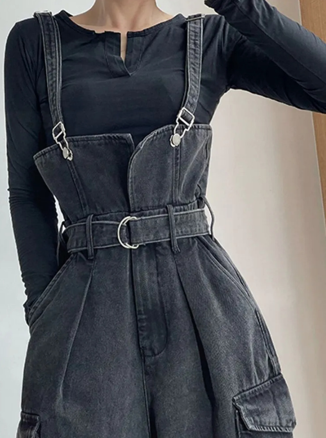 Vintage Style Damen Jeans Latzhose in Schwarz