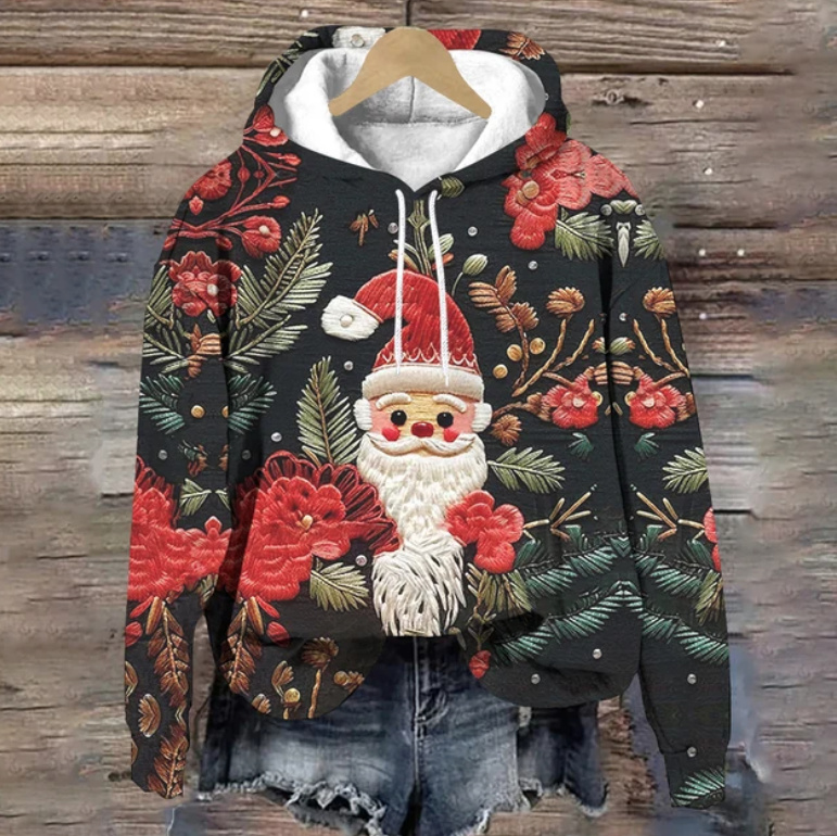 Baumwoll Weihnachts Hoodie für Damen Schwarz Rot mit Nikolaus