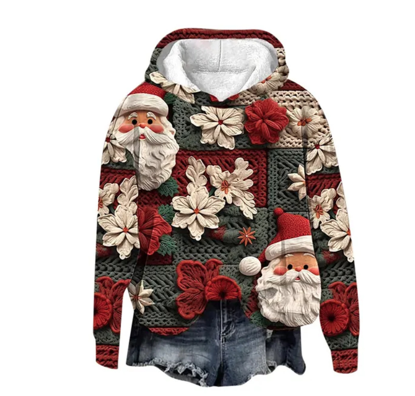 Baumwoll Weihnachts Hoodie für Damen Rot mit Santa