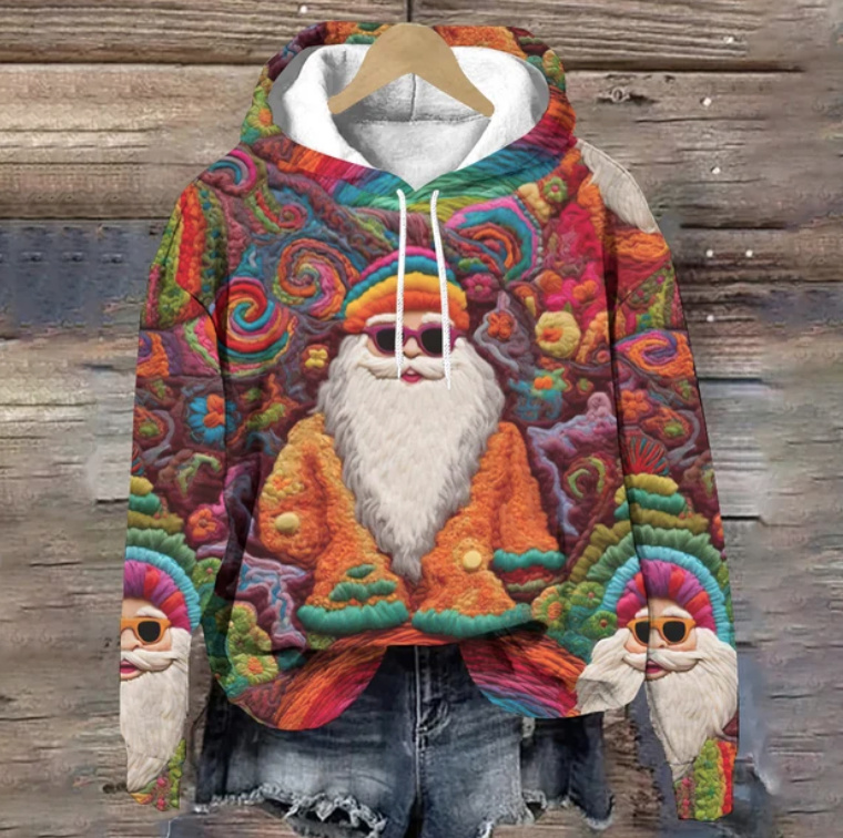 Baumwoll Weihnachts Hoodie für Damen Bunt mit Nikolaus