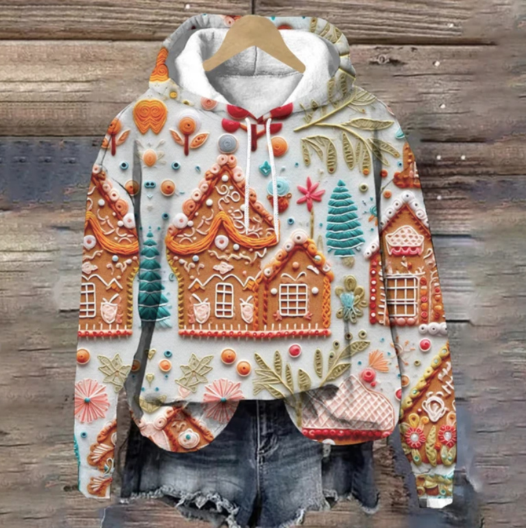 Baumwoll Weihnachts Hoodie für Damen Weiß mit Lebkuchenhaus 