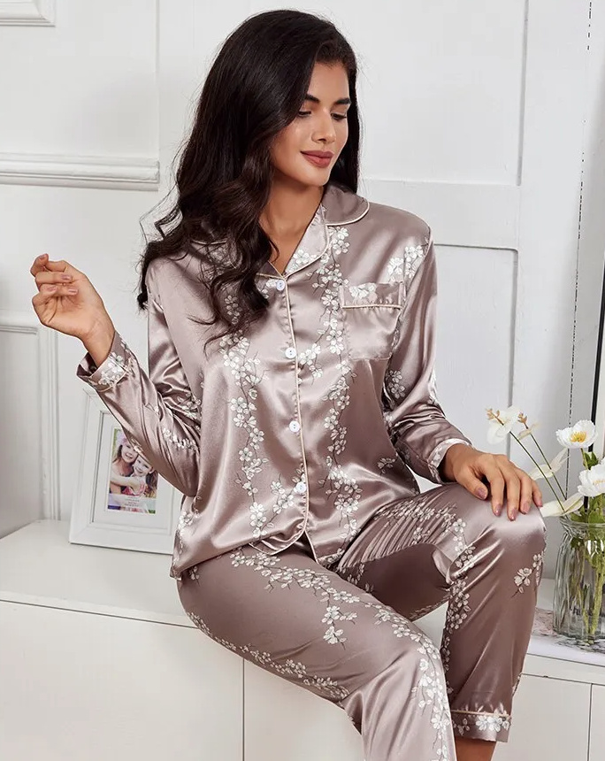 Damen Seiden Langarm Pyjamas Set Nachtwäsche Khaki mit Blumenmuster