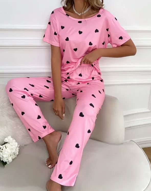 Kurzarm Damen Pyjama Schlafanzug in Rosa mit Herzchen