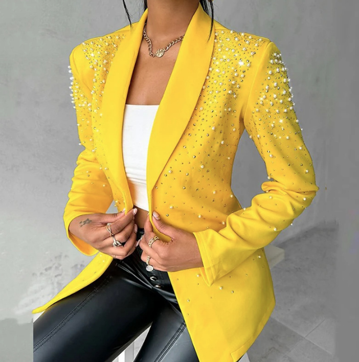  Eleganter Damen Blazer in Gelb mit Perlen Pailletten