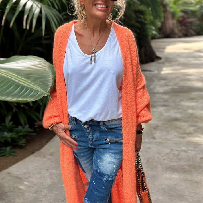 Streetwear V Ausschnitt Cardigan Strickjacke Lang mit Laternenärmel Orange