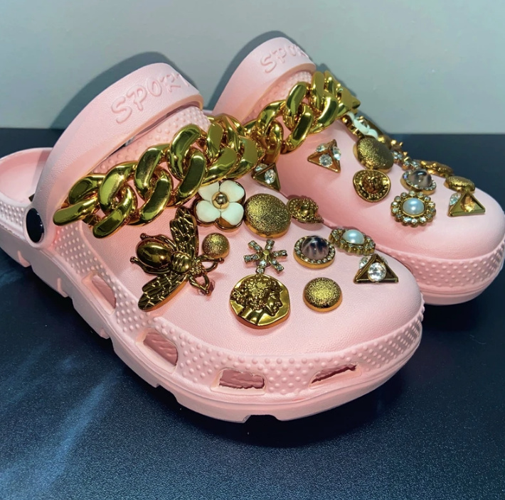 Sommer Outdoor Clogs mit Strass Schmuck in Rosa Gold