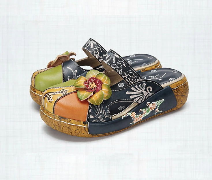 Retro Style Leder Clogs Outdoor Schuhe für Damen in Dunkelblau mit Blume