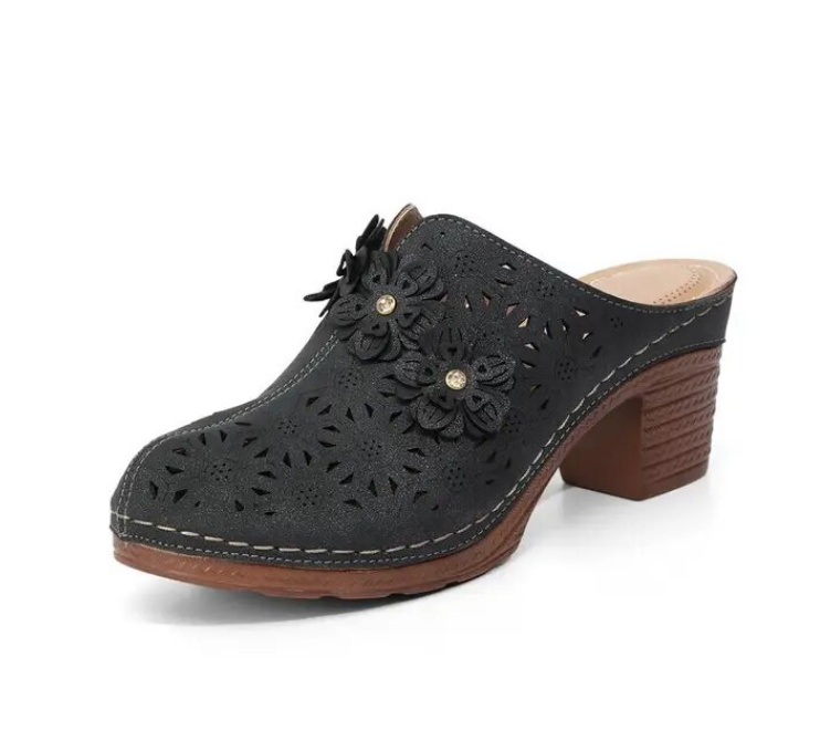Vintage Style PU Leder Sommer Schuhe Clogs in Schwarz mit Blumen