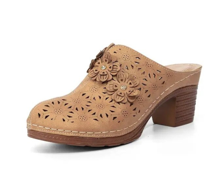 Vintage Style PU Leder Sommer Schuhe Clogs in Beige mit Blumen
