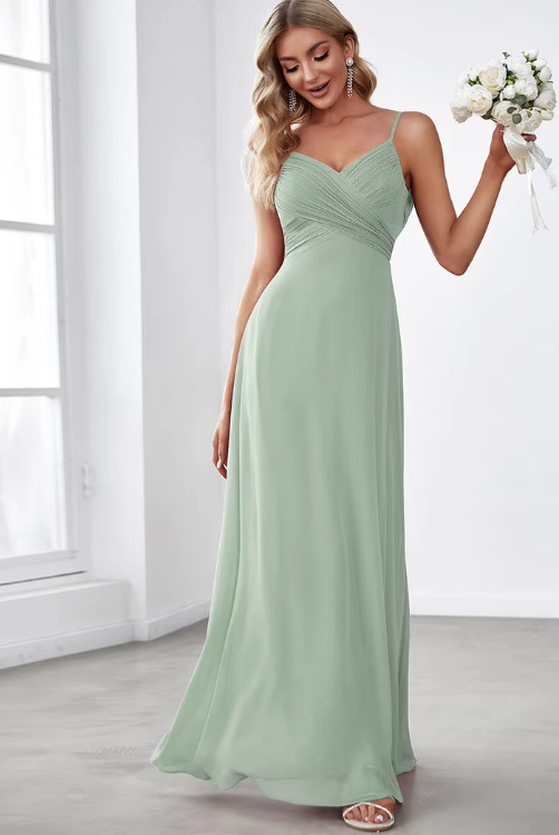 Spaghettiträger Empire Maxi Kleid Elegant Lang in Hellgrün