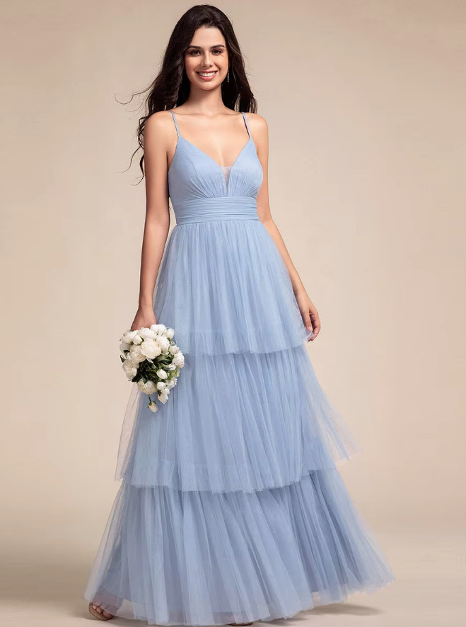 Spaghettiträger A Linie Tüll Maxi Kleid Elegant Lang in Hellblau