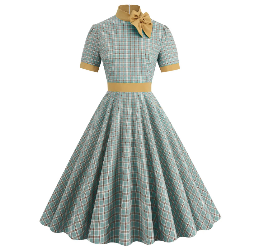 A Linie 50er Rockabilly Kleid Knielang Grün Kariert