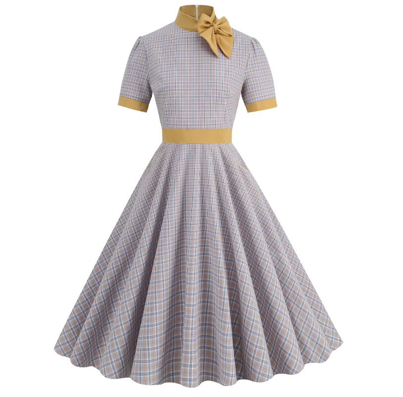 A Linie 50er Rockabilly Kleid Knielang Hellgrau Kariert