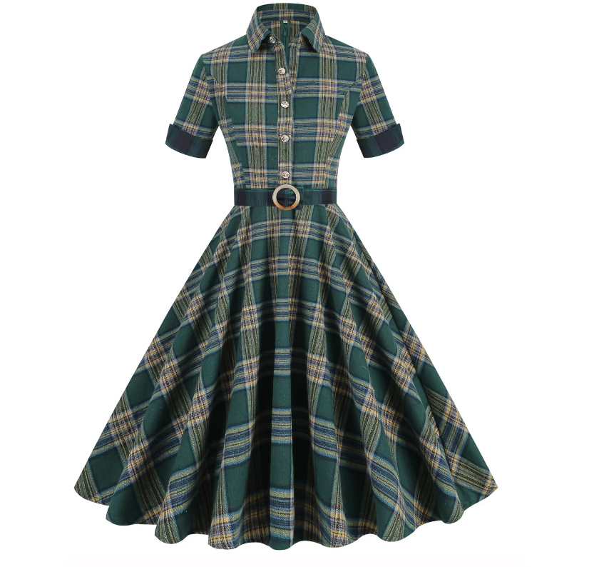 A Linie Kurzarm 50er Rockabilly Kleid Knielang Grün Kariert