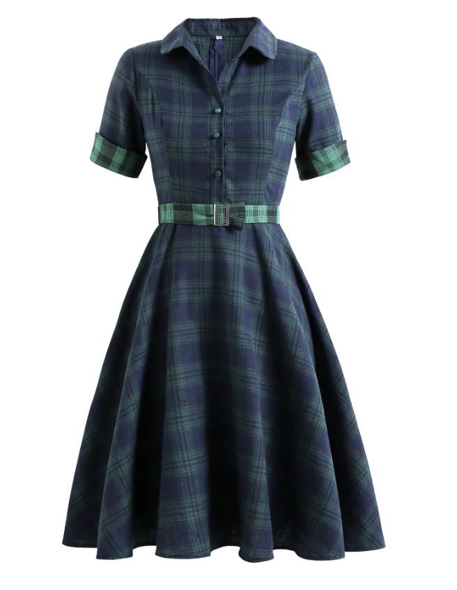 A Linie Kurzarm 50er Rockabilly Kleid Knielang Blau Kariert