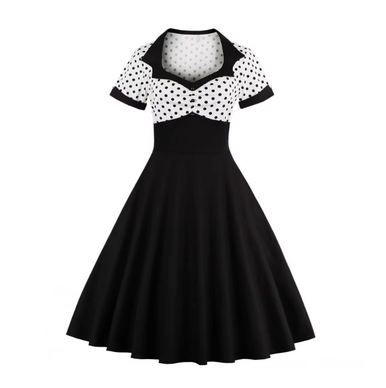 A Linie 50er Rockabilly Kleid Knielang Schwarz Weiß Gepunktet