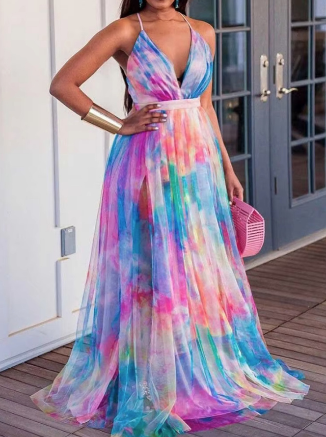  Langes Maxi Sommerkleid Caio mit Spaghettiträger Bunt