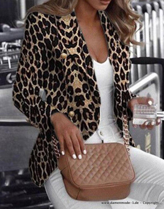 Leopard Print Damen Blazer mit Kerb Kragen