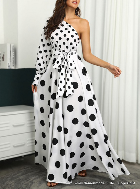 One Shoulder Maxi Kleid in Weiß Elegant Gepunktet 