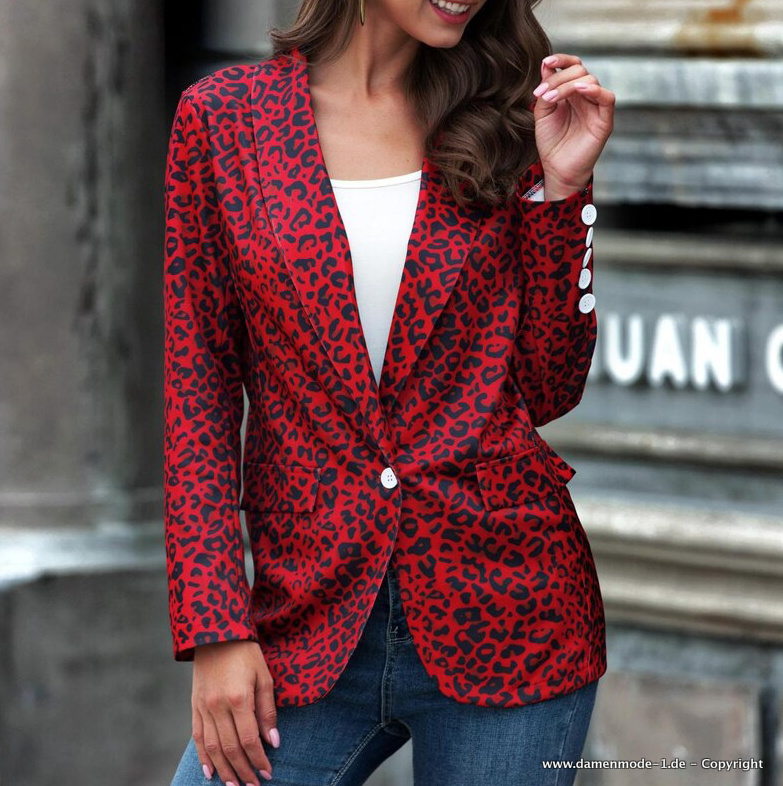 Leopard Print Damen Blazer Elegant in Rot