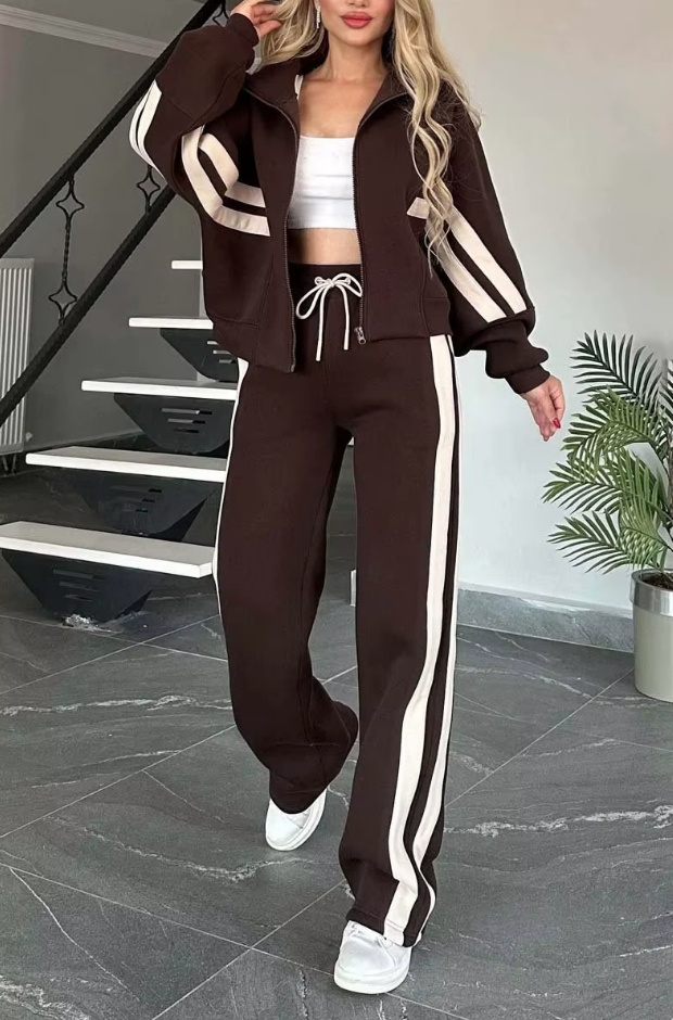  Damen Freizeitanzug Destiny Dunkelbraun Gestreift mit Zipper Hoodie