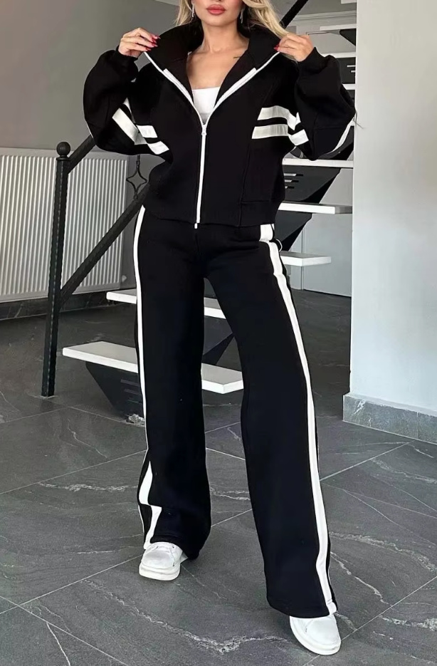  Damen Freizeitanzug Destiny Schwarz Gestreift mit Zipper Hoodie