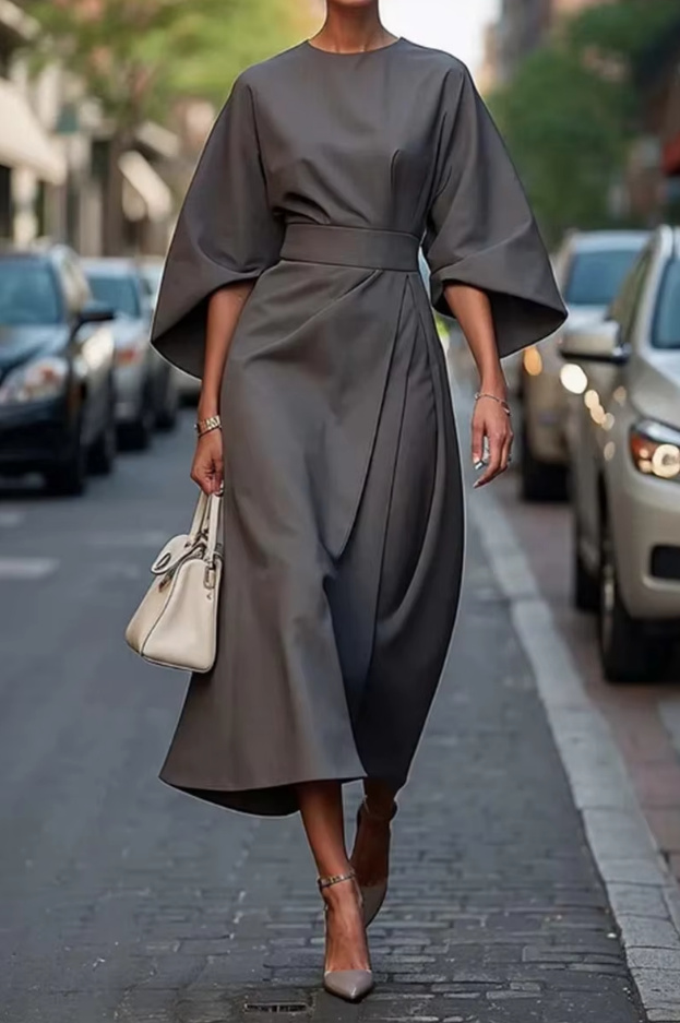 Elegantes Maxi Kleid mit Fledermaus Ärmel in Dunkelgrau