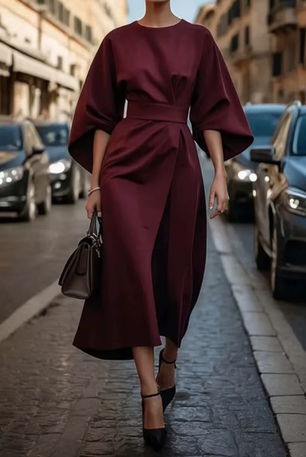 Elegantes Maxi Kleid mit Fledermaus Ärmel in Weinrot
