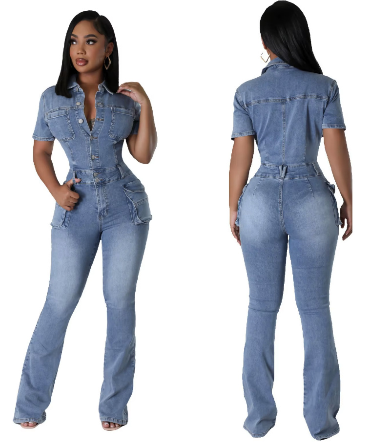 Kurzarm Bodycon Stretch Jeans Overall Jumpsuit Einteiler Daniekje Hellblau