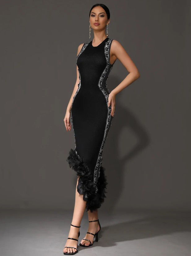 Bleistift Abendkleid Asymetrisch Ärmellos mit Spitze in Schwarz