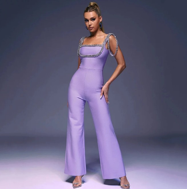 Damen Einteiler Overall Elegant - Festlich in Lila mit Strass Kette