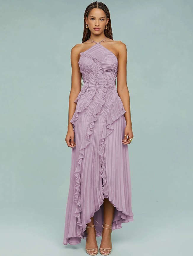 Ärmelloses Plissee Kleid Elegant in Flieder mit Neckholder Träger