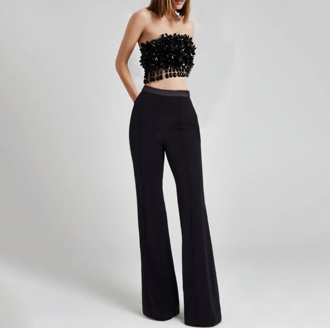 Eleganter Damen Zweiteiler Outfit in Schwarz mit Perlen Crop Top mit Hose