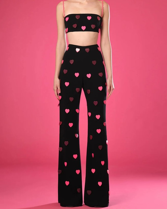 Damen Sommer Outfit Zweiteiler Elegant in Schwarz mit Herzen
