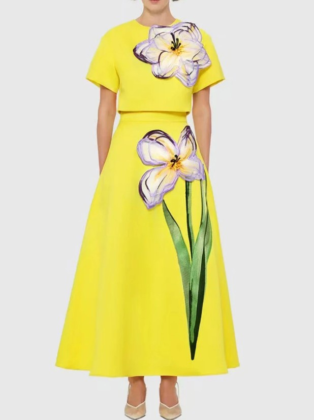 Damen Zweiteiler Elegant Oberteil - Rock in Gelb mit Blume