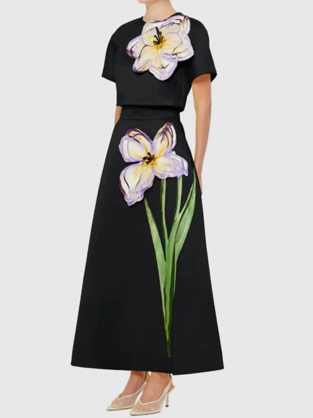 Damen Zweiteiler Elegant Oberteil - Rock in Schwarz mit Blume