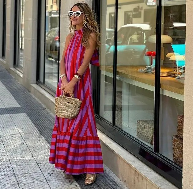 Neckholder Maxi Sommerkleid Rückenfrei Pink Gestreift