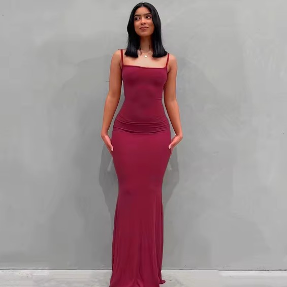 Spaghettiträger Bleistift Sommerkleid Lang in Rot