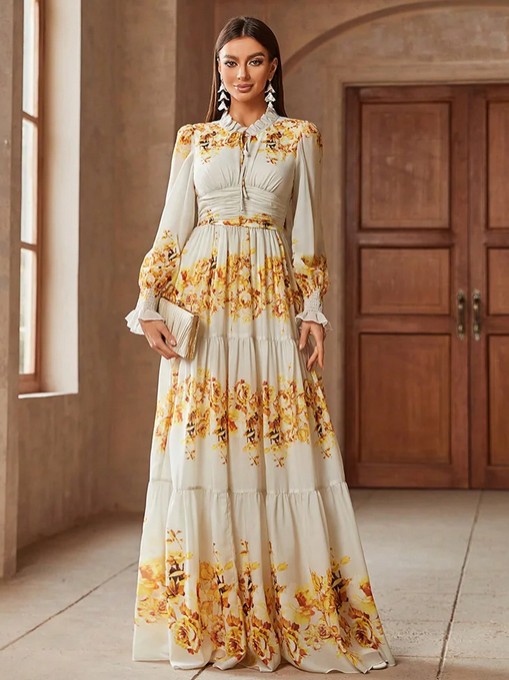  A Linie Langarm Kleid Edeltraud Elegant in Weiß mit Blumenmuster