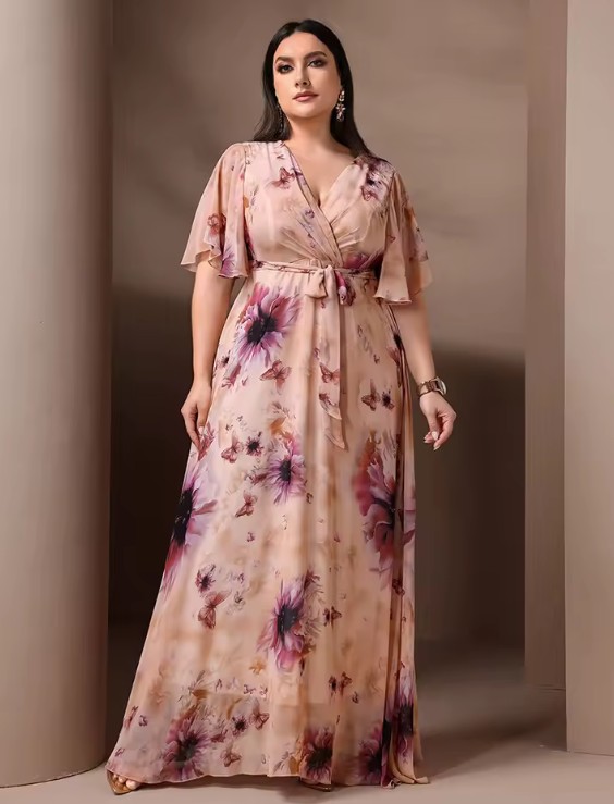 Kurzarm Maxi Kleid Elaine Elegant in Lachs mit Blumenmuster