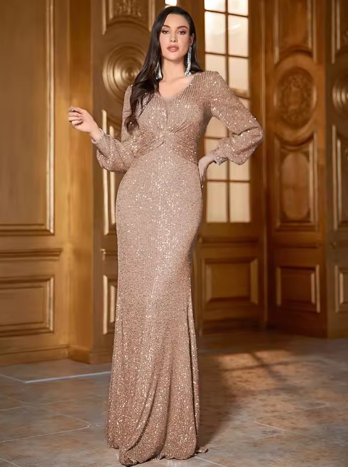 Meerjungfrau Luxus Pailletten Abendkleid Lang in Gold