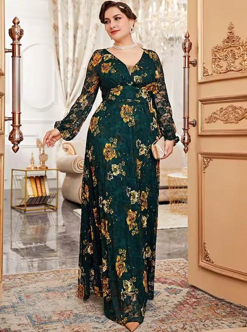 Langarm Maxi Kleid Erica Elegant in Grün mit Blumenmuster