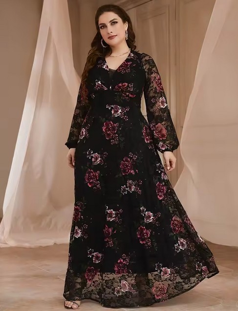 Langarm Maxi Kleid Erica Elegant in Schwarz mit Blumenmuster