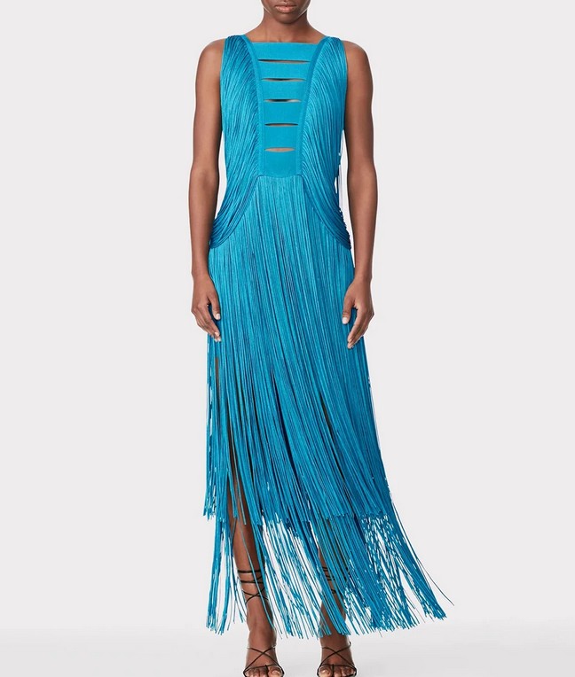 Ärmelloses Maxi Kleid Europa Elegant in Blau mit Fransen 