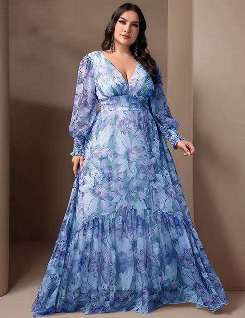  A Linie Langarm Chiffon Kleid Edgarda Elegant in Blau mit Muster