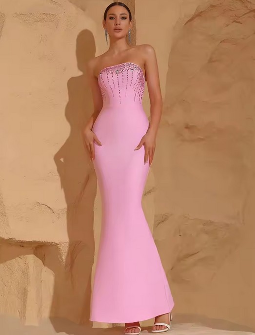 Schulterfreies Meerjungfrau Abendkleid in Rosa mit Strass 