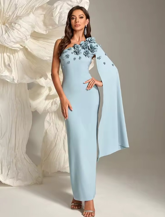 One Shoulder I Linie Abendkleid Eliana in Hellblau mit 3D Blumen