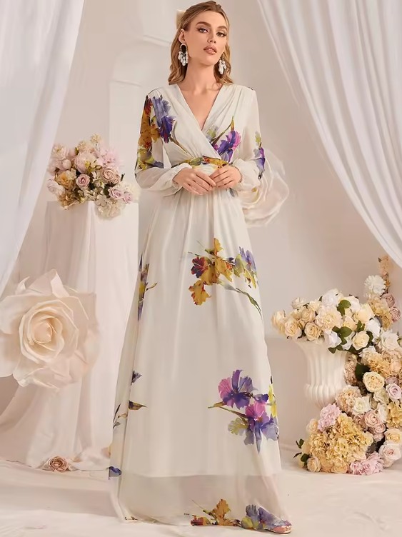  A Linie Chiffon Kleid Eva Lang in Creme mit Blumen Muster